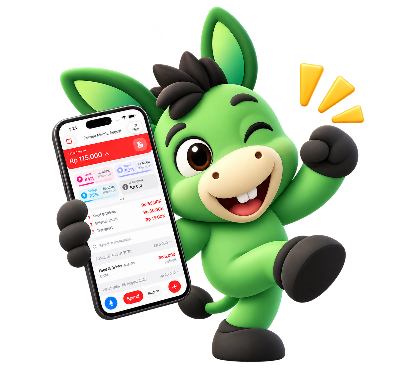 Green Donkey mascot holding a phone showing the Bantal app